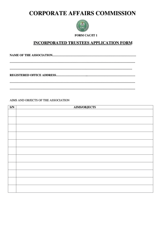 Form Cac/it 1 - Incorporated Trustees Application Form Printable pdf