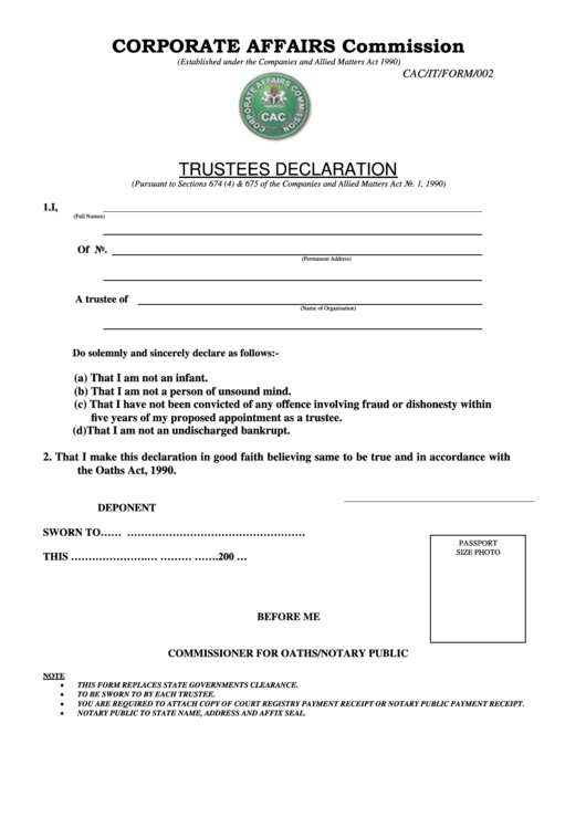 Form Cac/it 002 - Trustees Declaration