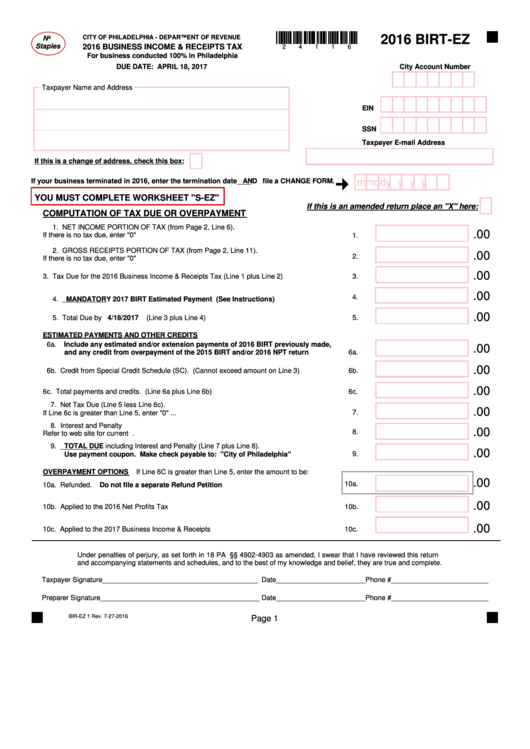 Form Birt-Ez - Business Income & Receipts Tax - 2016 Printable pdf