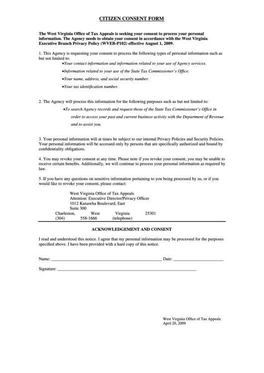 Fillable Citizen Consent Form - West Virginia Office Of Tax Appeals Printable pdf