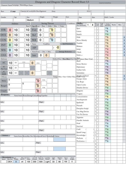 Dungeons And Dragons Character Record Sheet 3.5