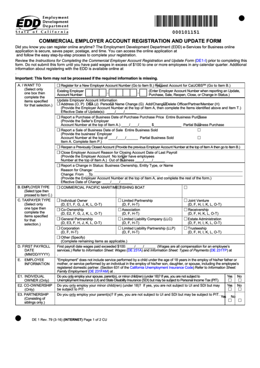 Fillable Form De 1 - Commercial Employer Account Registration And Update Form Printable pdf
