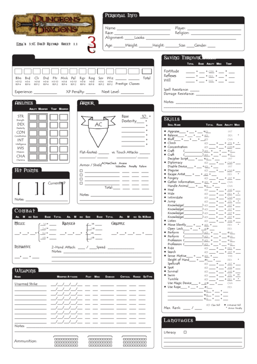 D D 3 5 Character Sheet Printable