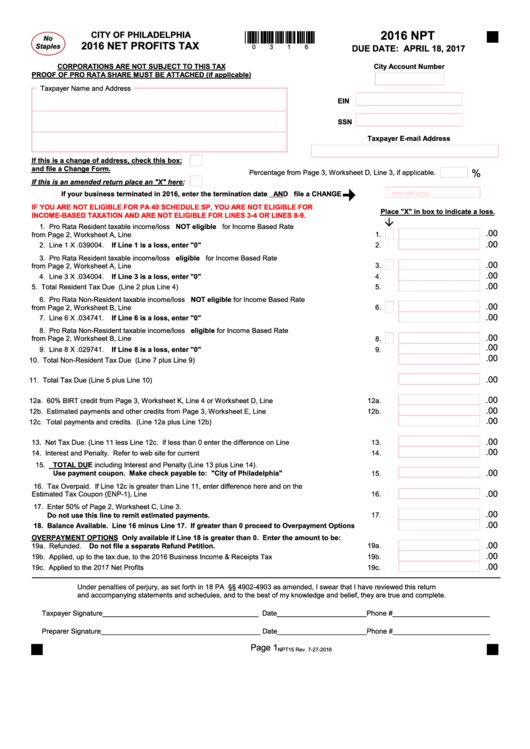 Form Npt - City Of Philadelphia Net Profits Tax - 2016 Printable pdf