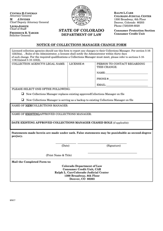 Notice Of Collections Manager Change Form - State Of Colorado - Department Of Law