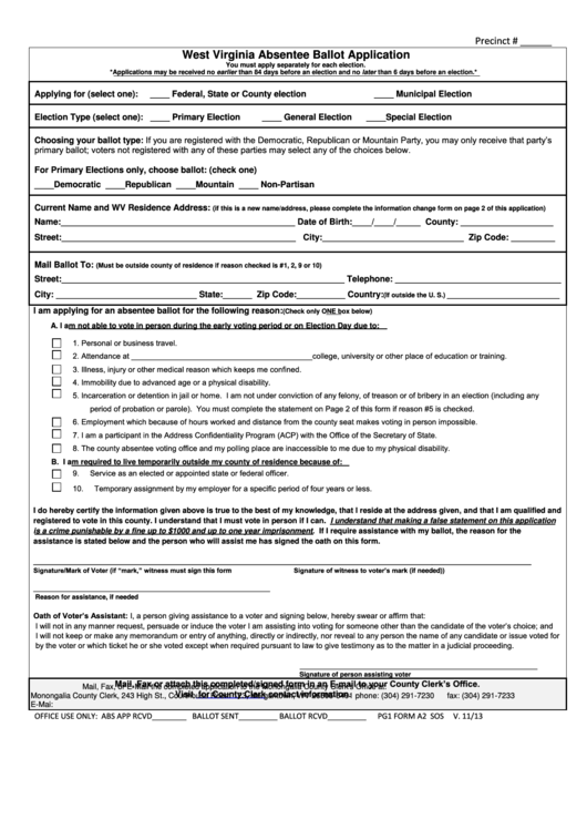 Fillable Form A2 Sos - West Virginia Absentee Ballot Application Printable pdf
