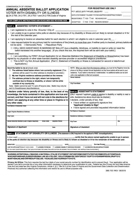 Form Sbe-703.1 - Annual Absentee Ballot Application Voter With Disability Or Illness Printable pdf