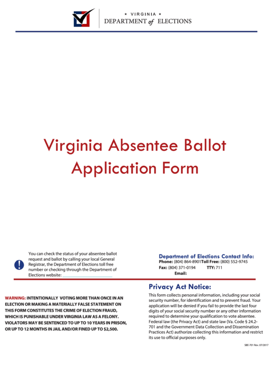 Form Sbe-701 - Virginia Absentee Ballot Application Printable pdf