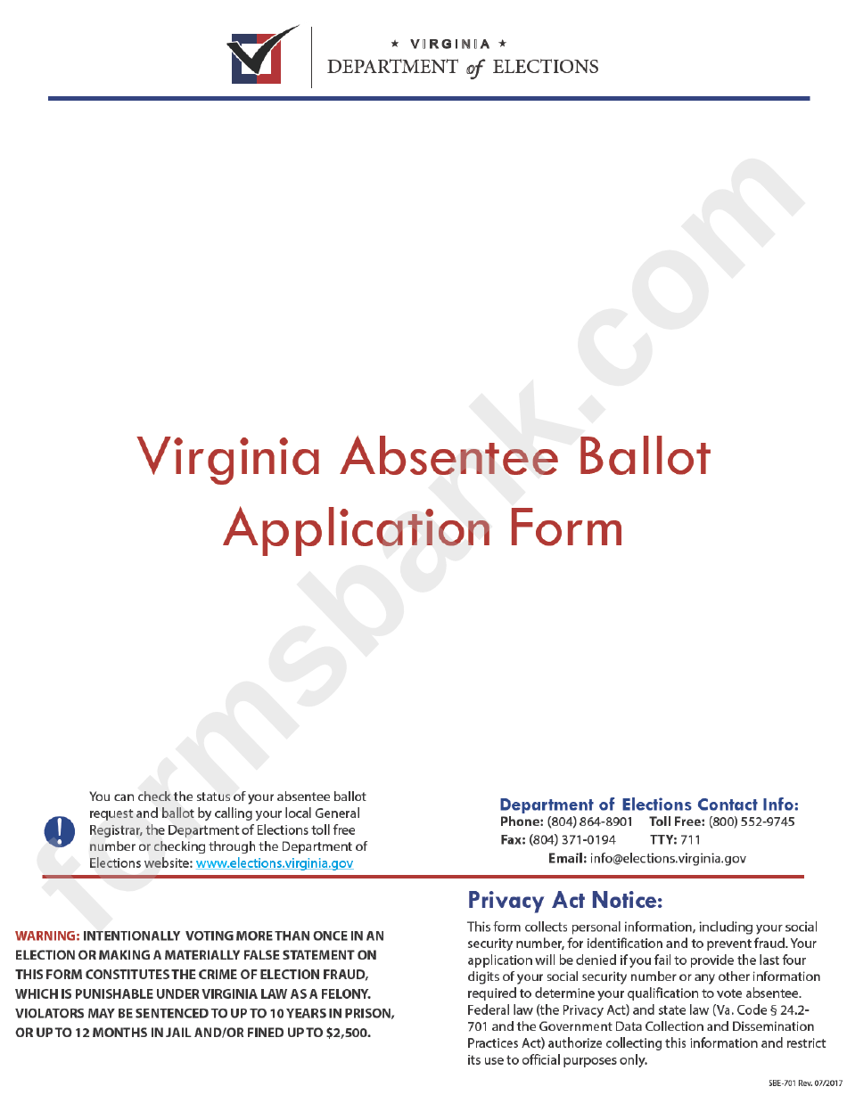 Form Sbe-701 - Virginia Absentee Ballot Application