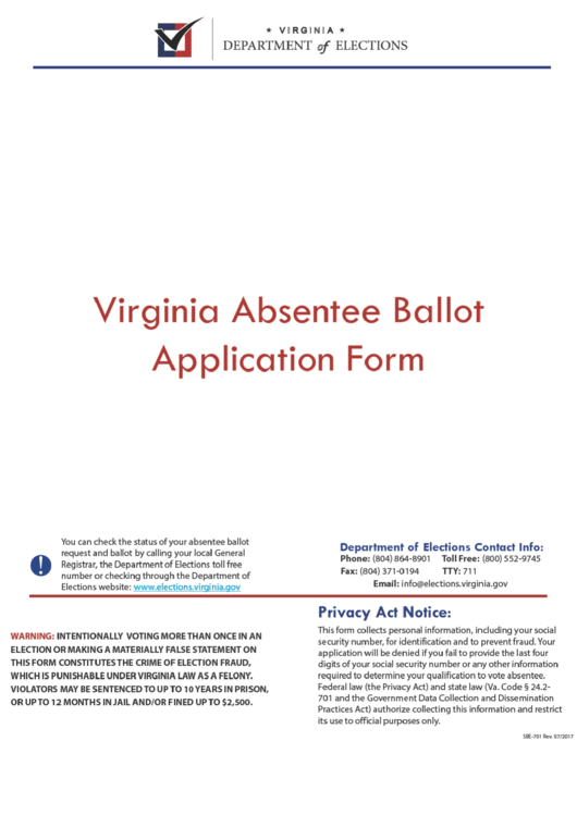 Fillable Form Sbe-701 - Virginia Absentee Ballot Application Printable pdf
