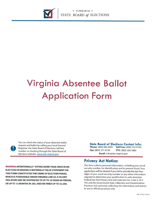 Form Sbe-701 - Virginia Absentee Ballot Application Printable pdf