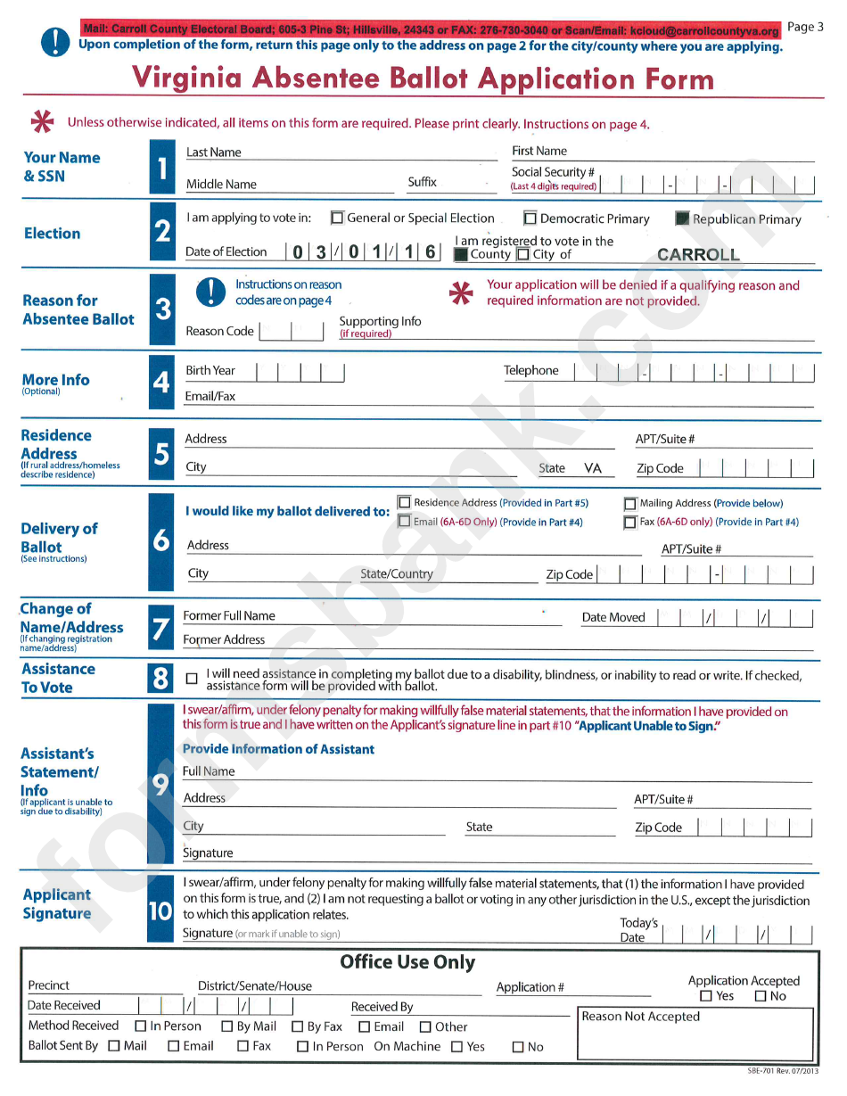 Form Sbe-701 - Virginia Absentee Ballot Application