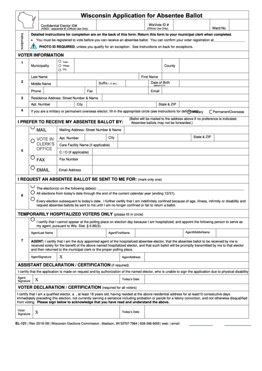 Fillable Form El-121 - Wisconsin Application For Absentee Ballot Printable pdf