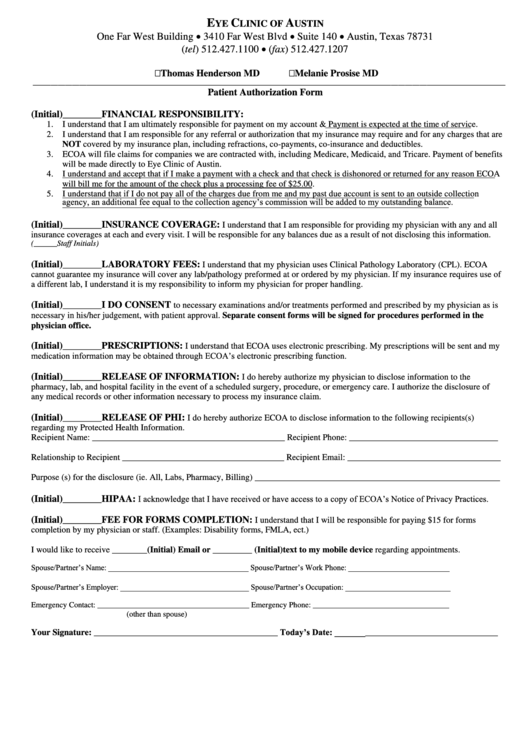 Patient Authorization Form Printable pdf