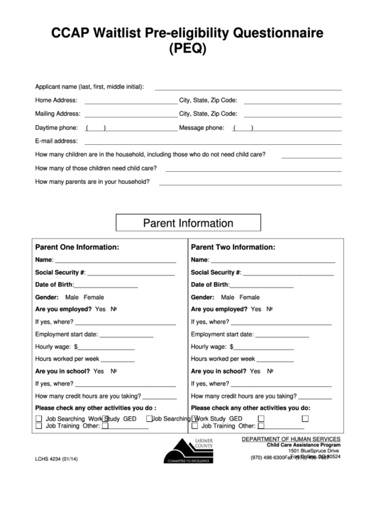 Form Lchs 4234 - Ccap Waitlist Pre-eligibility Questionnaire