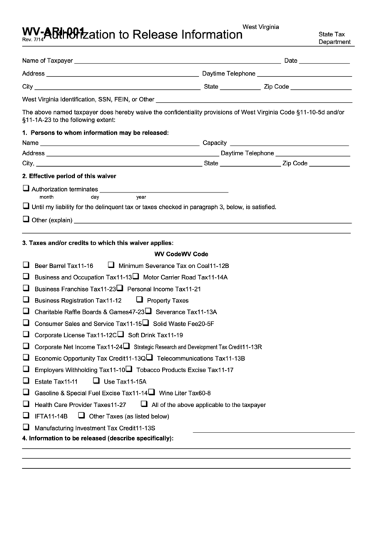 Form Wv-Ari-001 - Authorization To Release Information Printable pdf