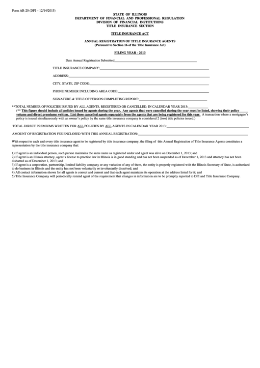 Fillable Form Ar-20 - Annual Registration Of Title Insurance Agents (Pursuant To Section 16 Of The Title Insurance Act) Printable pdf
