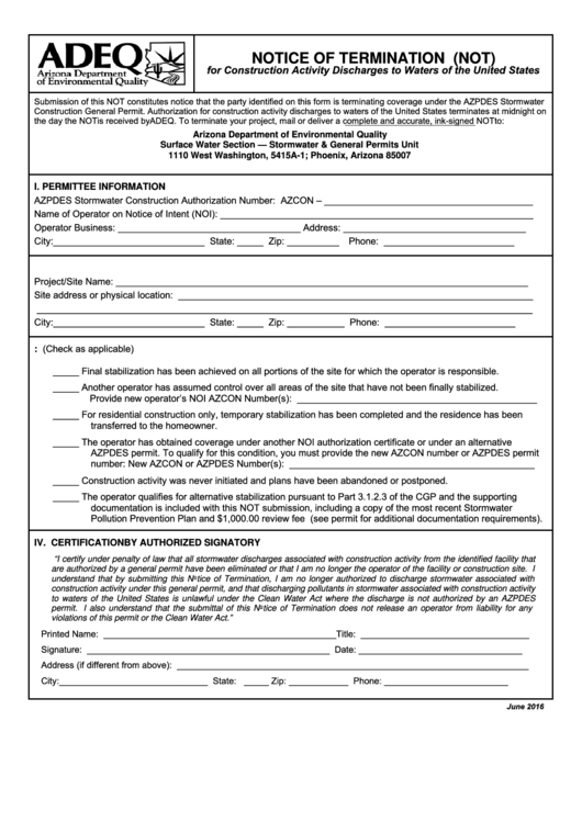 Fillable Notice Of Termination (Not) For Construction Activity Discharges To Waters Of The United States Printable pdf