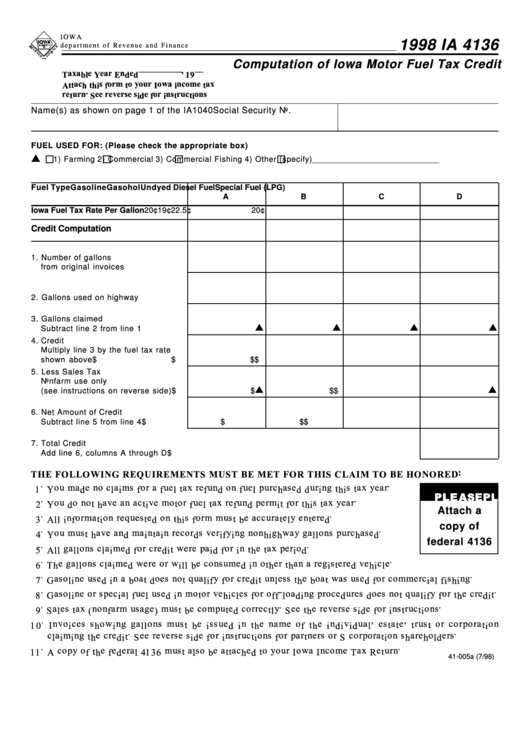 Fillable Form Ia 4136 - Computation Of Iowa Motor Fuel Tax Credit - 1998 Printable pdf