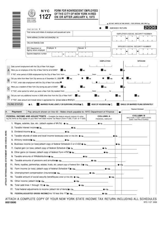 Form Nyc-1127 - For Nonresident Employees Of The City Of New York Hired On Or After January 4, 1973 - 2006 Printable pdf