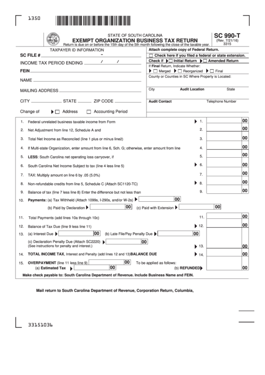 Form Sc 990-T - Exempt Organization Business Tax Return - 2016 Printable pdf