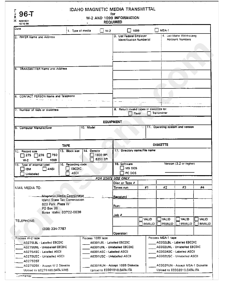 Form 96-T - Idaho Magnetic Media Transmittal For W-2 And 1099 Information Required