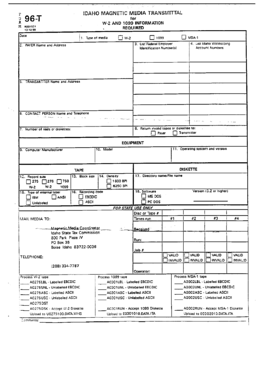 Form 96-T - Idaho Magnetic Media Transmittal For W-2 And 1099 Information Required Printable pdf