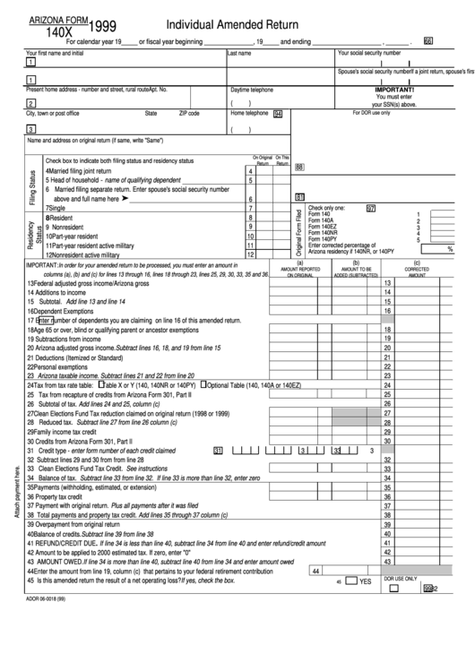 Arizona Form 140x - Individual Amended Return - 1999 Printable pdf