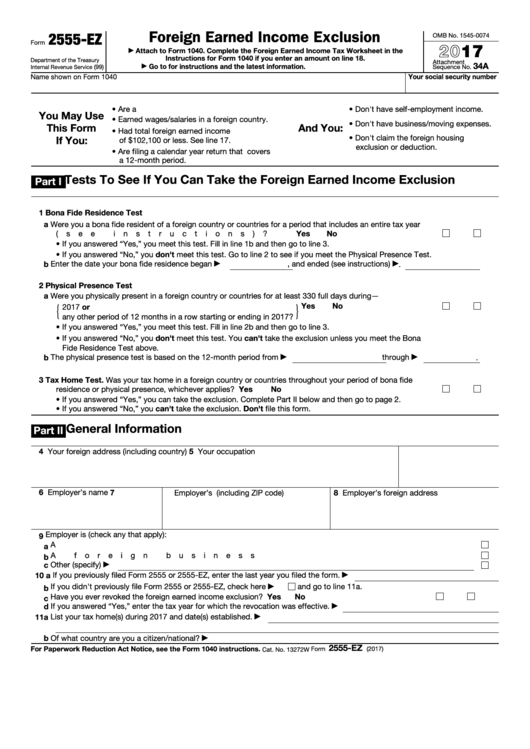 Fillable Form 2555-Ez -Foreign Earned Income Exclusion - 2017 Printable pdf
