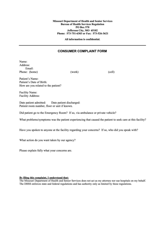 Consumer Complaint Form - Missouri Department Of Health And Senior Services Printable pdf