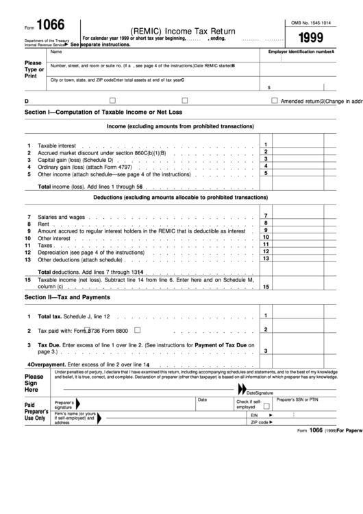 Fillable Form 1066 - U.s. Real Estate Mortgage Investment Conduit (Remic) Income Tax Return - 1999 Printable pdf