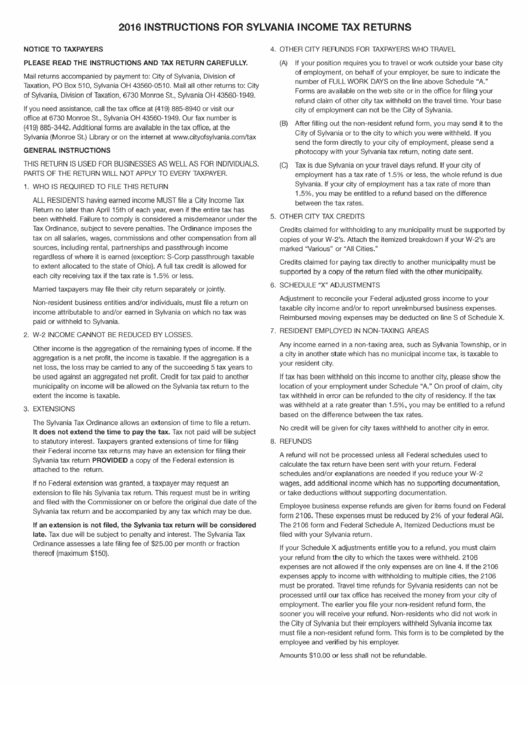 Imstructions For Sylvania Income Tax Returns - 2016 Printable pdf