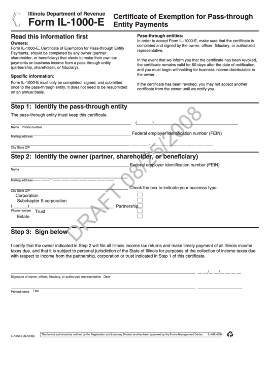 Form Il-1000-E Draft - Certificate Of Exemption For Pass-Through Entity Payments Printable pdf