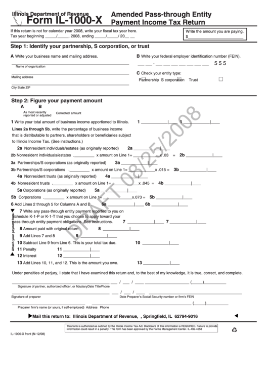 Form Il-1000-X Draft - Amended Pass-Through Entity Payment Income Tax Return Printable pdf