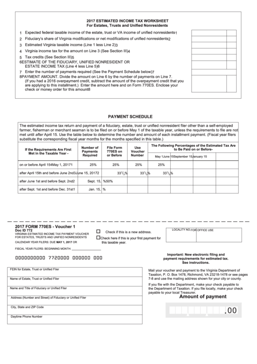 Fillable Form 770es  Virginia Estimated Income Tax Worksheet  Vouchers  2017 printable pdf 