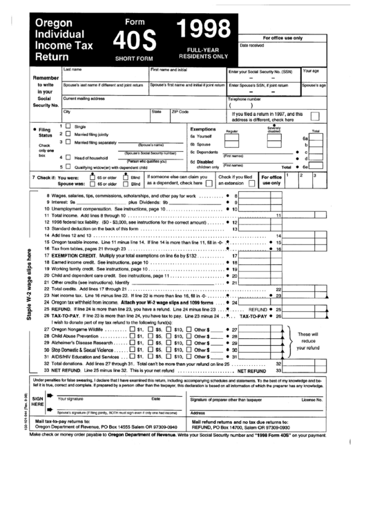 Fillable Form 40s (Short Form) - Oregon Individual Income Tax Return (Full-Year Residents Only) - 1998 Printable pdf