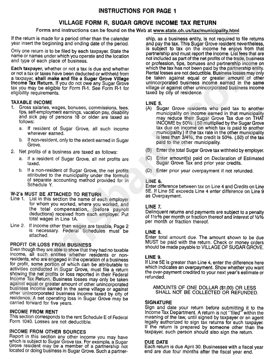 Instructions For Page 1 Village Form R, Sugar Grove Income Tax Return - Village Of Sugar Grove, Ohio Income Tax Department