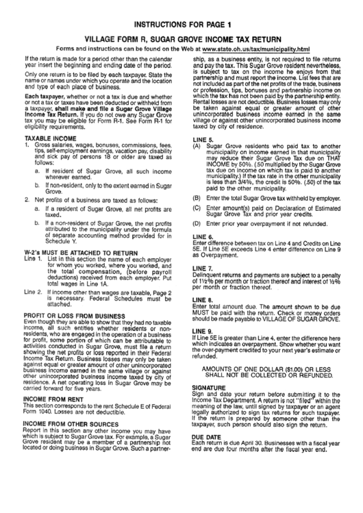 Instructions For Page 1 Village Form R, Sugar Grove Income Tax Return - Village Of Sugar Grove, Ohio Income Tax Department Printable pdf