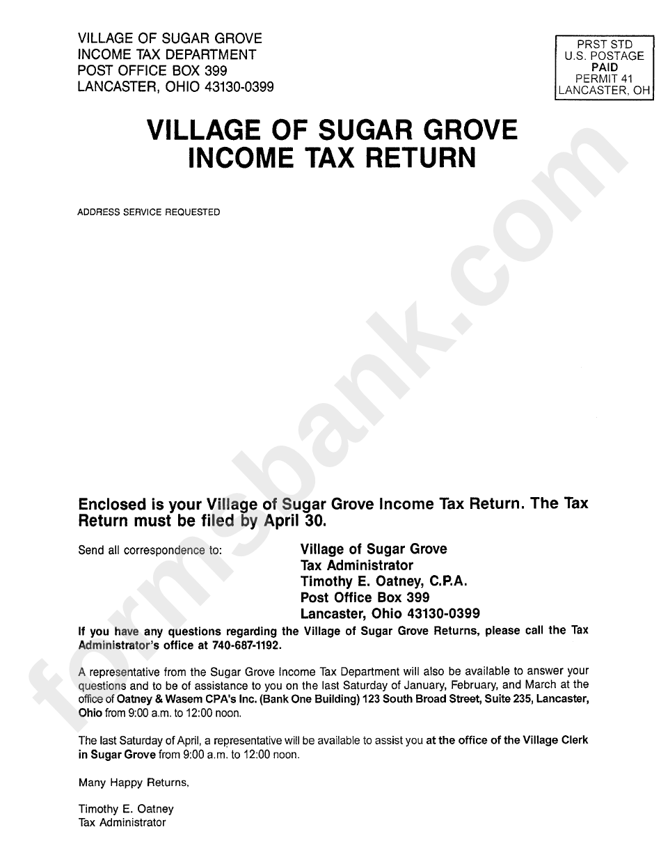 Instructions For Page 1 Village Form R, Sugar Grove Income Tax Return - Village Of Sugar Grove, Ohio Income Tax Department