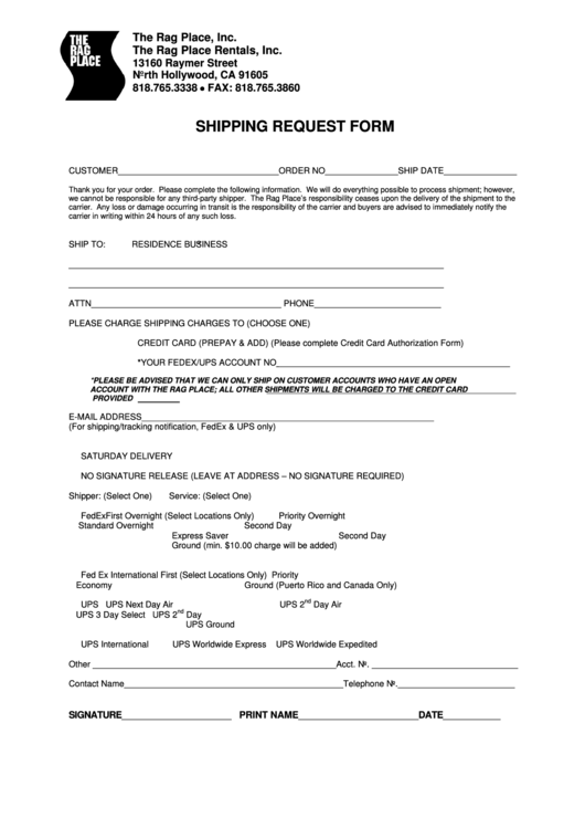 Fillable Shipping Request Form Printable pdf