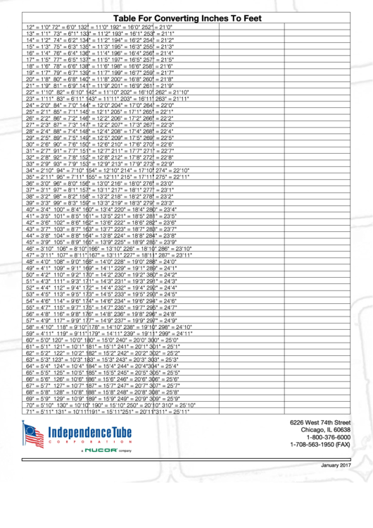 Table For Converting Inches To Feet Printable pdf