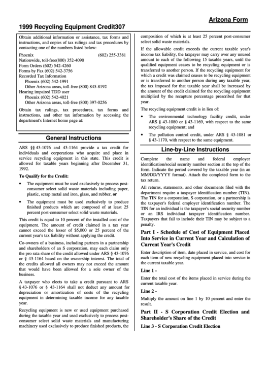 Arizona Form 307 - Recycling Equipment Credit Instructions - 1999 Printable pdf