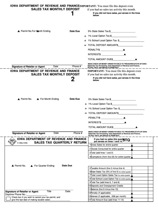 Fillable Form 31-089 - Sales Tax Quarterly Return/ Sales Tax Monthly Deposit/ Local Option Sales ...