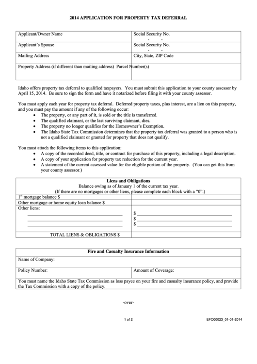 Form Efo00023 - Application For Property Tax Deferral - 2014 Printable pdf