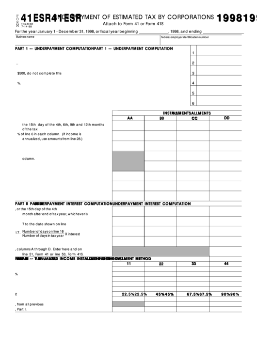 Fillable Form 41 Esr - Underpayment Of Estimated Tax By Corporations - 1998 Printable pdf