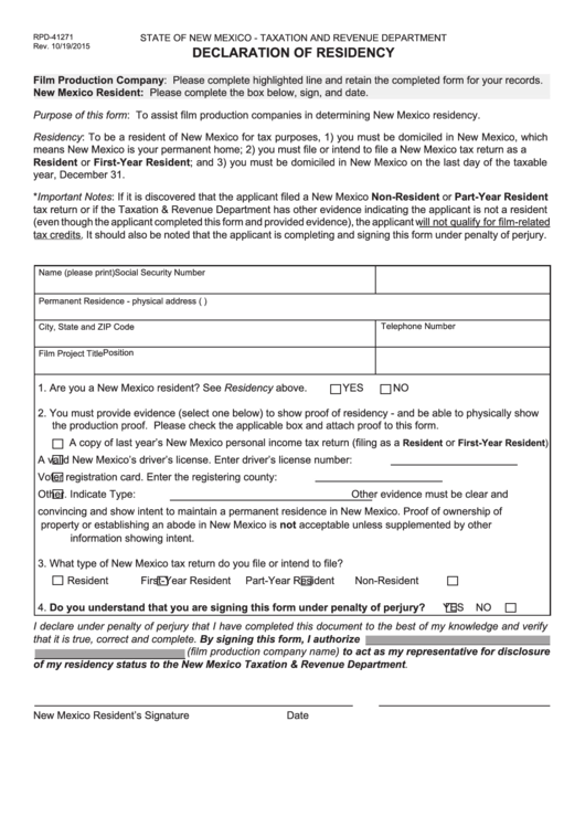 Form Rpd-41271 - Declaration Of Residency Printable pdf