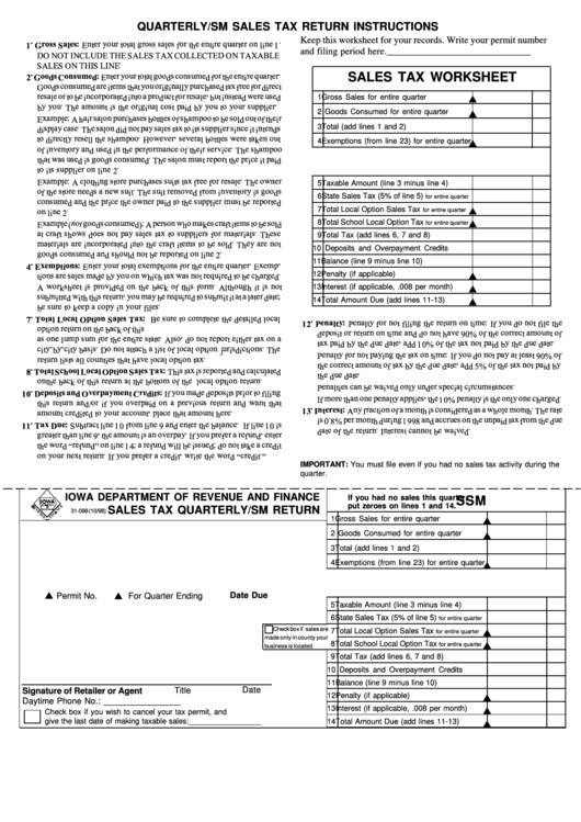 Fillable Form 31-098 - Quarterly/sm Sales Tax Return Printable pdf