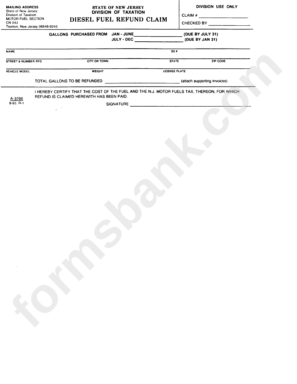 Form A-3766 - Diesel Fuel Refund Claim