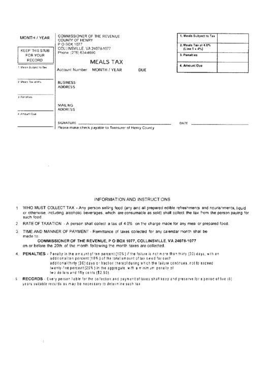 Meals Tax Form - Henry County Commissioner Of The Revenue Printable pdf