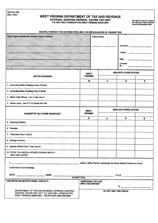 Form Wv/cig-709 - Monthly Report For Distributors And/or Wholesalers Of Cigarettes - Internal Auditing Division - Excise Tax Unit Printable pdf